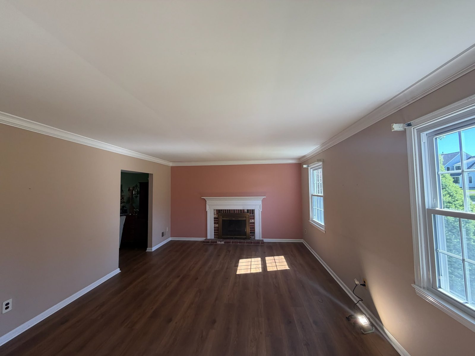 Living room before its color transformation, dusty rose wall and hardwood floors